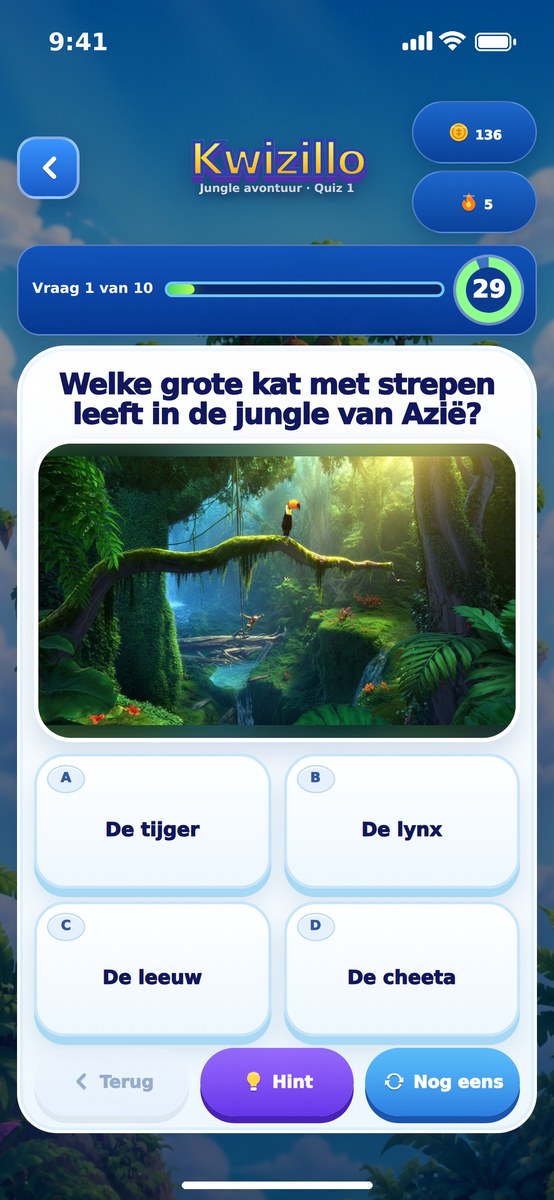 Een vraag met illustratie en vier antwoorden
